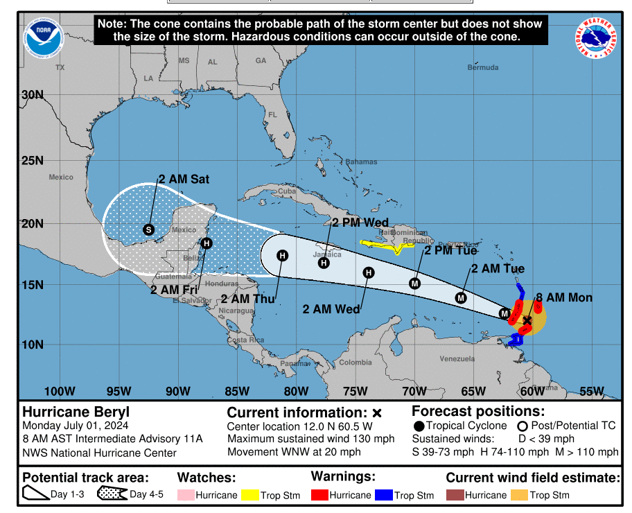 This cone static image shows Hurricane Beryl’s, a dangerous Category 3 storm, probable path as of July 1